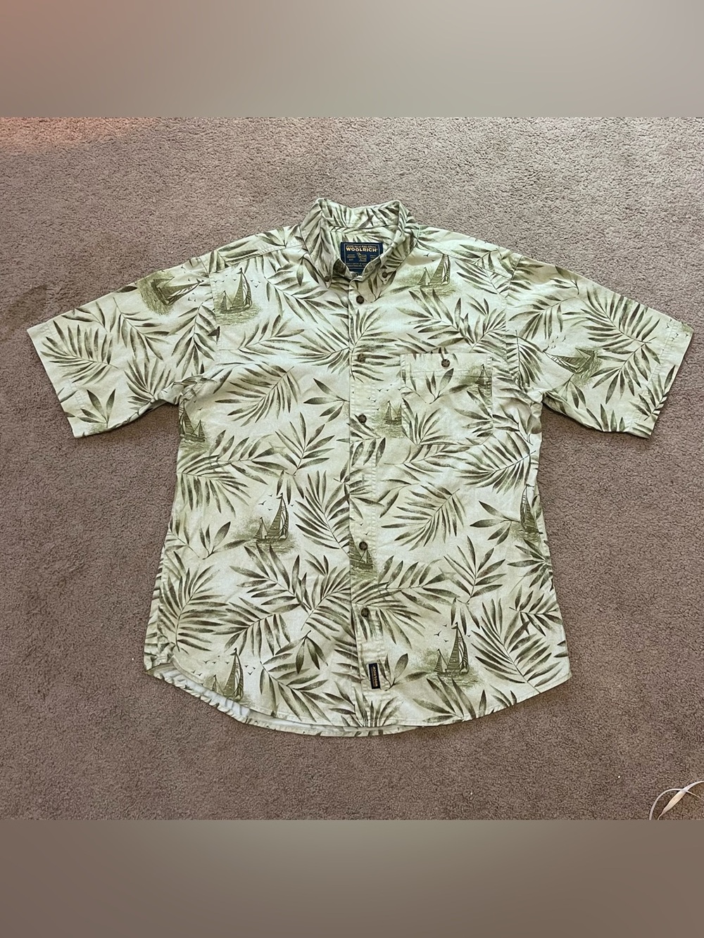 Woolrich Hawaiian Shirt Floral Palms Sail Boat Cotton Tan Retro Mens Medium
